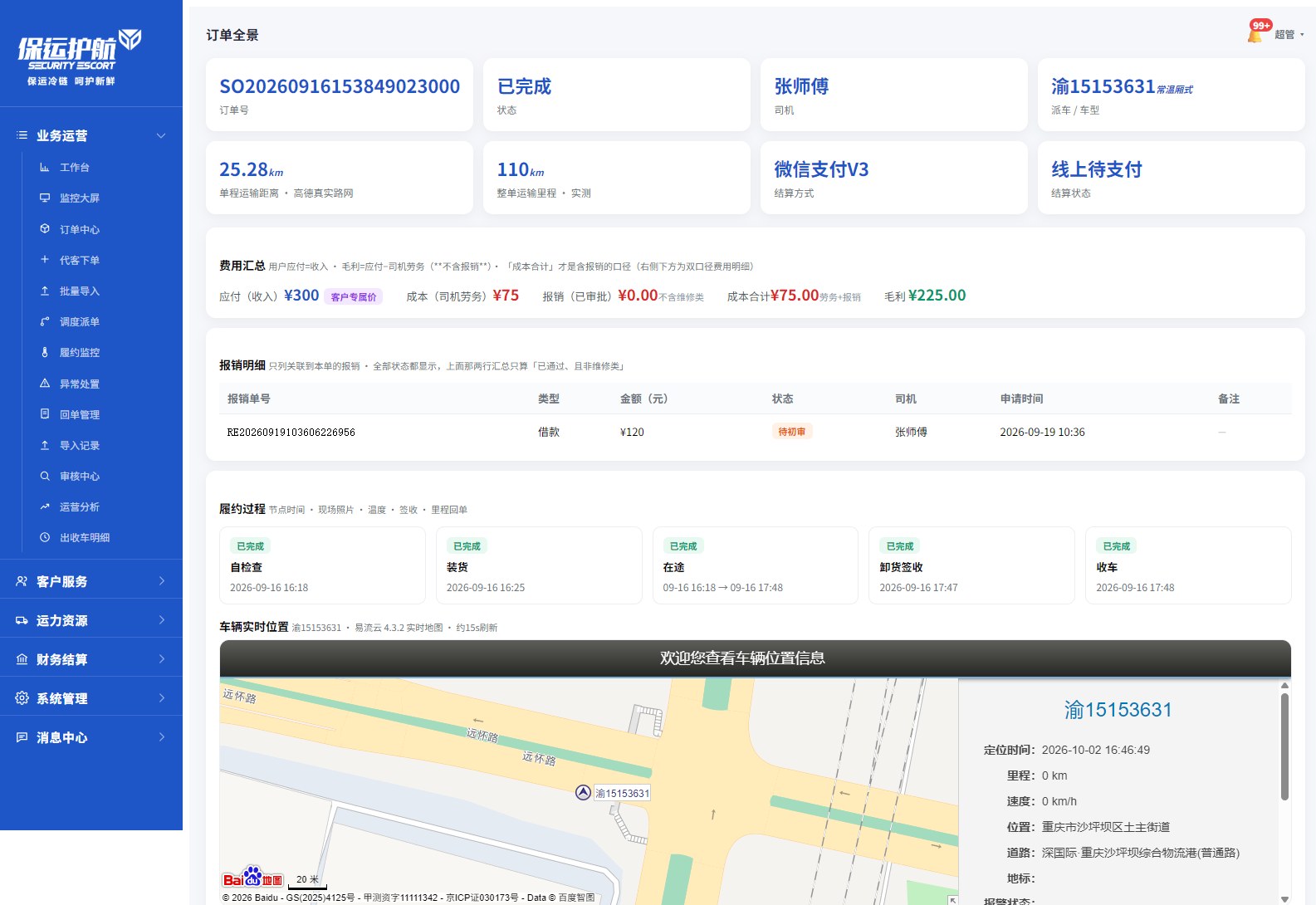 单个订单的全景详情：双口径费用汇总、报销明细、履约五个节点时间、车辆实时定位地图
